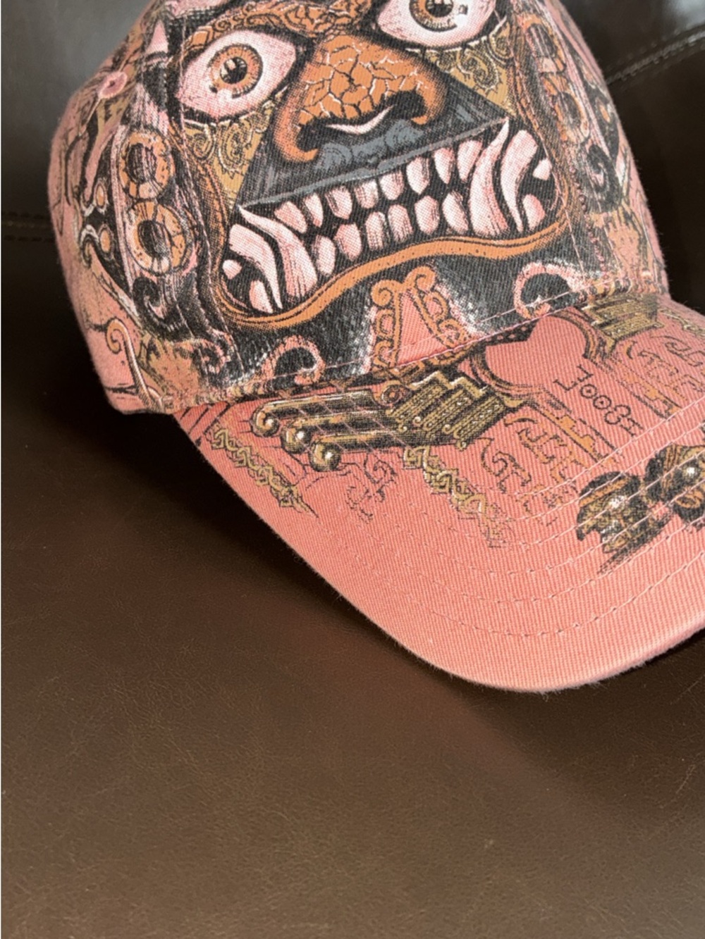 Graphic Demon Mask Baseball Cap in Dusty Pink